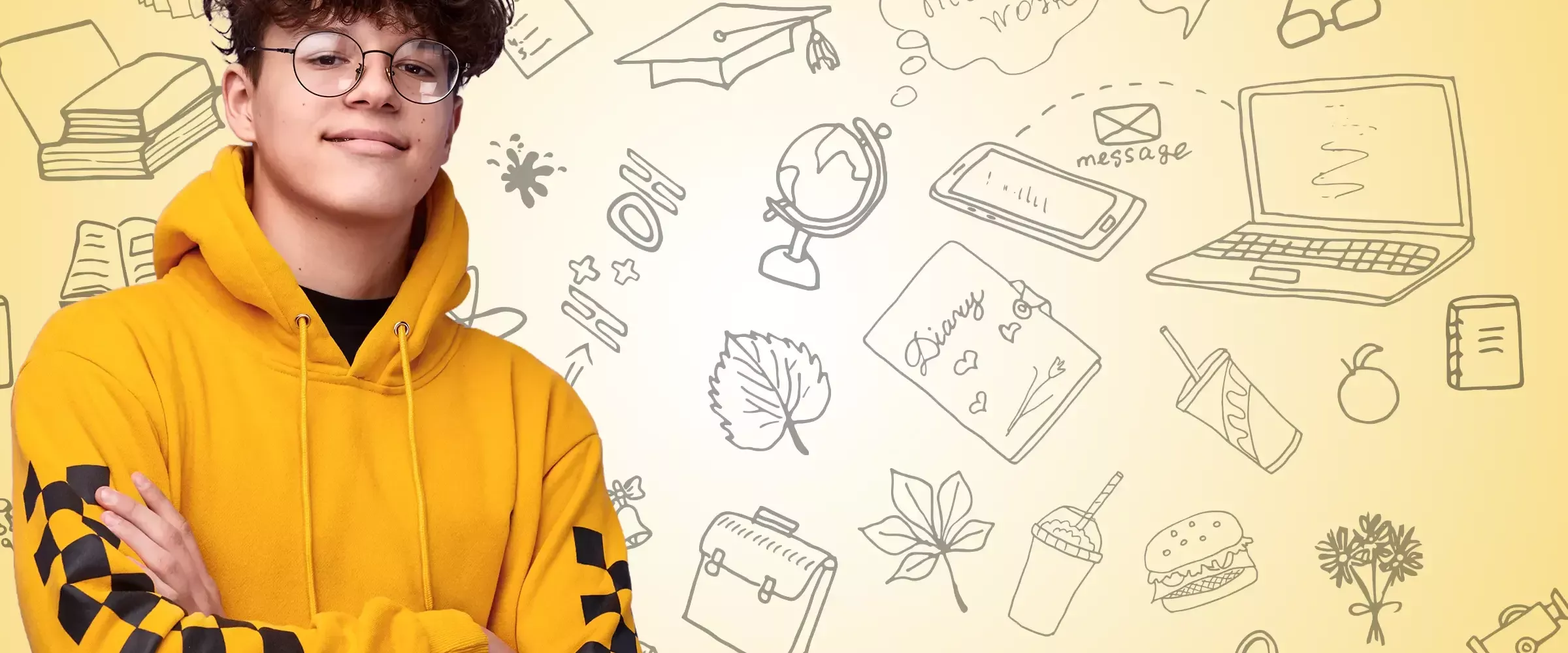 Schüler jubeln und lächeln, im Hintergrund Schulsymbole